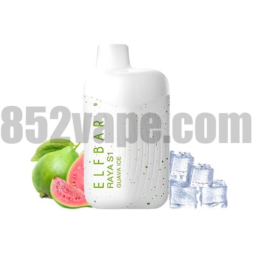 白色的 ELFBAR RAYA S1 15000 Puffs 一次性電子煙(Guava Ice)前方是整顆和切片的番石榴與冰塊，背景是灰色文字的「852vape.com」。. 電子煙 vape