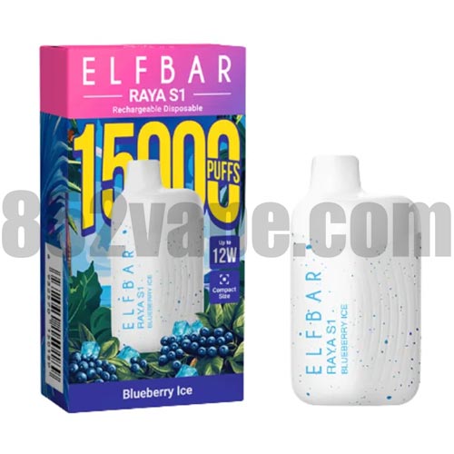 ELFBAR RAYA S1 15000 Puffs 一次性電子煙 | 650mAh | 3% | 16種口味 "的藍莓冰形象和多彩的紫色、黃色和藍色包裝。包裝盒標榜「15000 口」。. 電子煙 vape