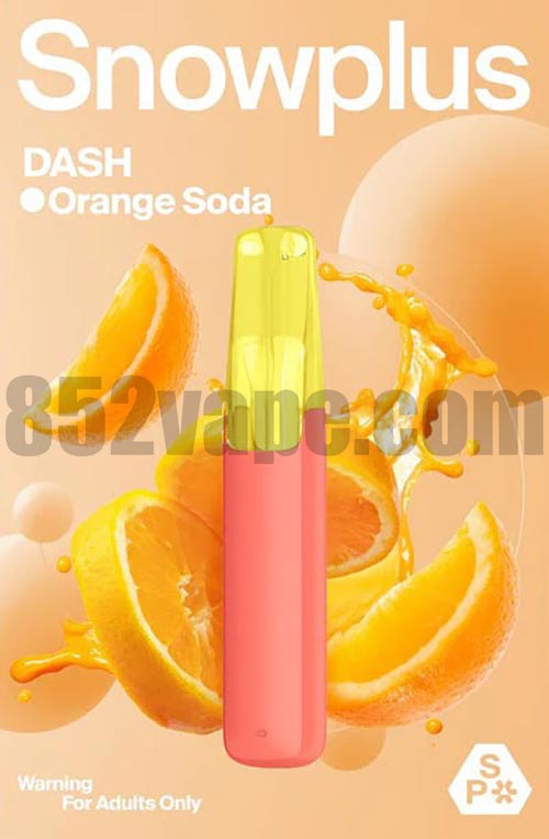 鮮豔的橙黃色 Snowplus DASH 一次性電子煙|4000口|7.5ML|3%|530mAh 置於橙色背景中央，搭配濺起的橙色切片。文字為 "Snowplus DASH Orange Soda"。警告：僅限成人使用。. 電子煙 vape