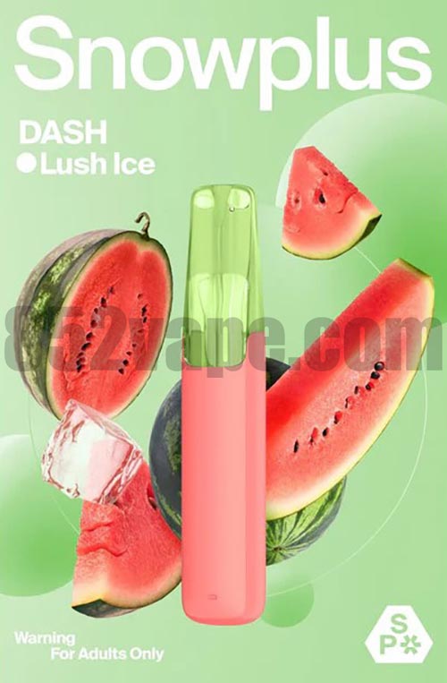 Snowplus dash 一次性電子煙 (4000 口, 7.5ML, 3%, 530mAh, 多款新口味) 顯示在綠色背景上，上面有西瓜切片和突出味道的文字以及成人專用警告。. 電子煙 vape