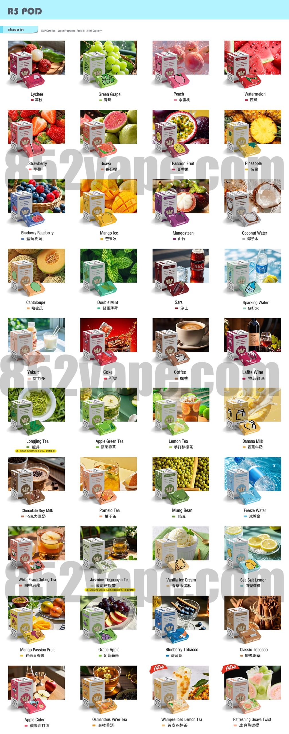 48 種 DASEIN R5 PODS (限時優惠：買10送1/20送3/50送8) vape口味，每種口味都有一張象徵（水果、飲料、甜點、煙草或冰塊）的圖片，每張圖片下都標有名稱。. 電子煙 vape